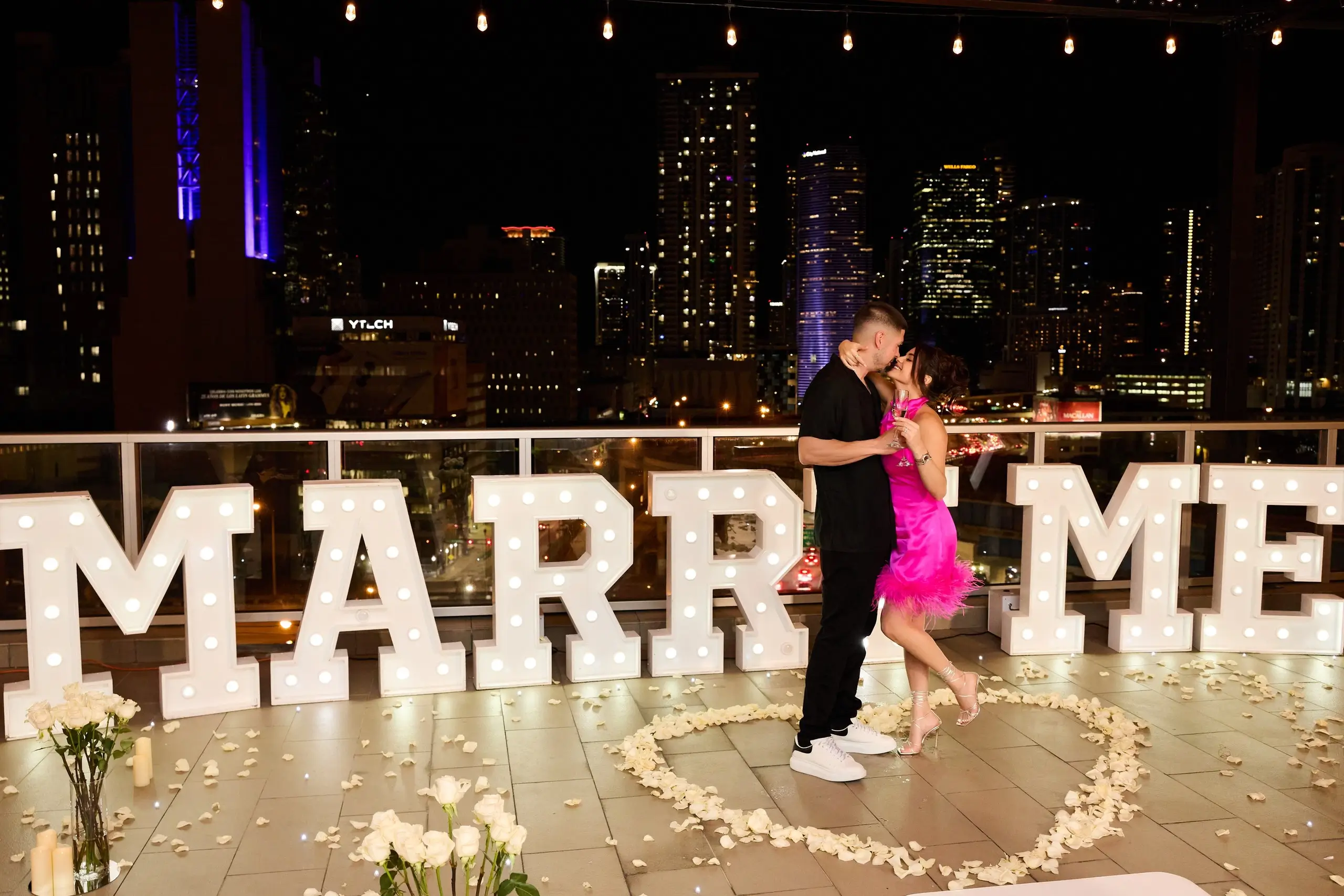 Proposal on Miami Rooftop with Skyline Backdrop