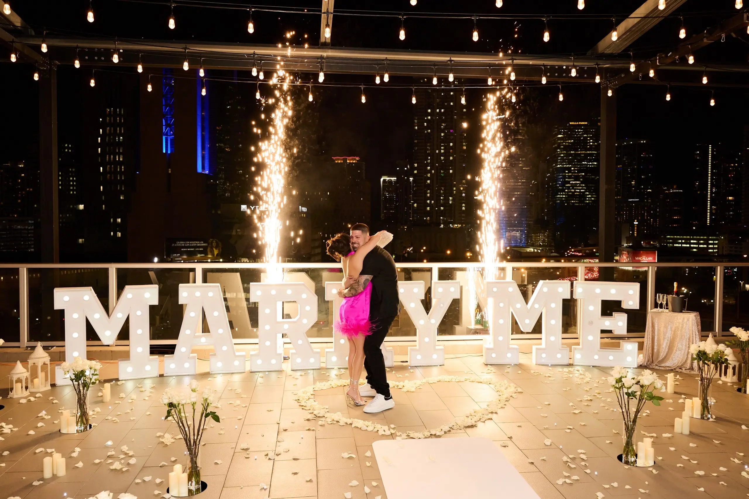 Fireworks on rooftop in Miami for proposal