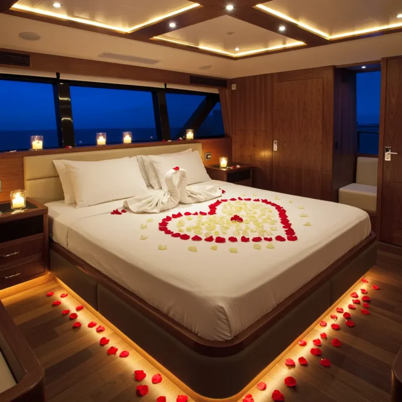 Bed inside yacht with white and red rose petals